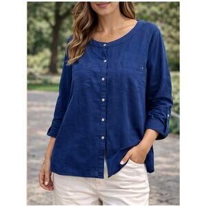 JM Collection Linen Button Front Top 18W Blue Lightweight Blouse